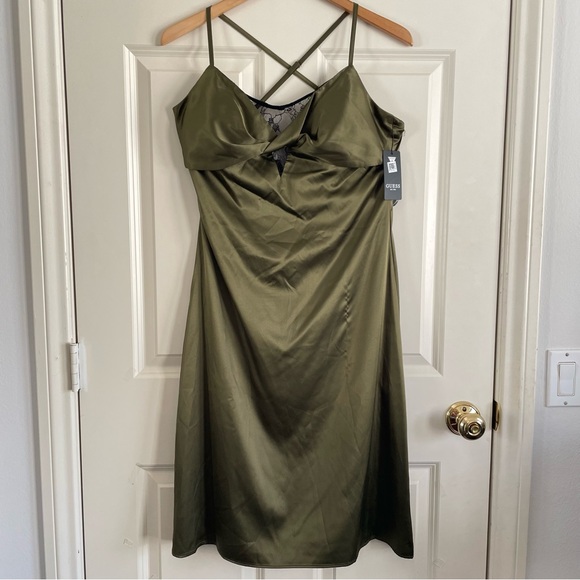 Guess Women’s Olive Satin Slip Dress Cross Back Straps Lace Trim Detail Cocktail - Picture 3 of 16